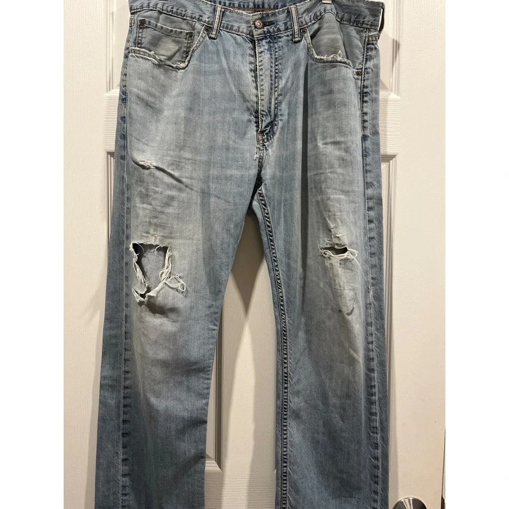 Levis 505 Regular Fit Straight Leg Distressed Jeans Light Wash Mens 36x29